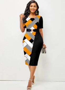 Geometric Print Round Neck Yellow Bodycon Dress -Ethereal Swim 312867 P 1661936855766