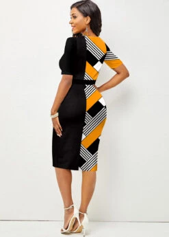 Geometric Print Round Neck Yellow Bodycon Dress -Ethereal Swim 312867 P 1661936855942