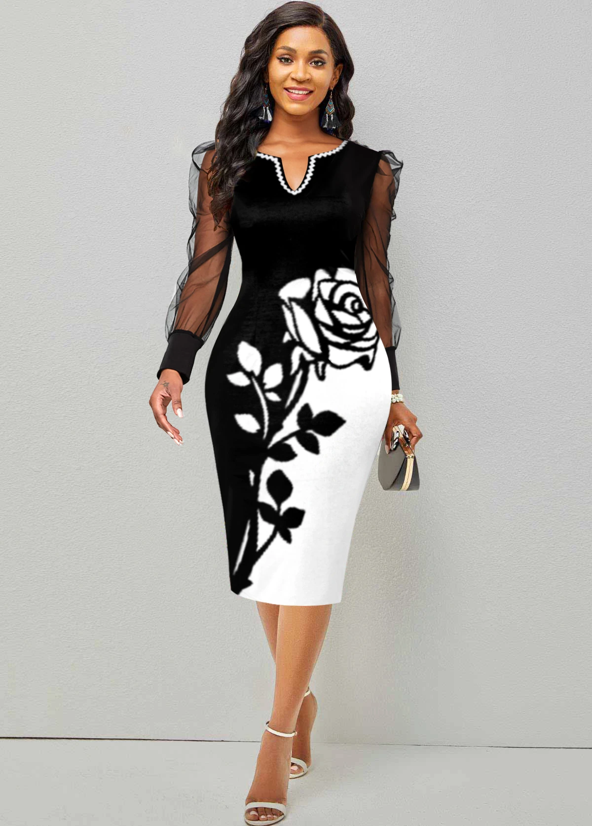 Black Mesh Stitching Floral Print Dress 5 Black Mesh Stitching Floral Print Dress - Image 3