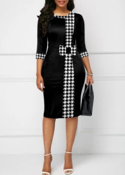 Black Patchwork Houndstooth Print Bodycon Dress -Ethereal Swim 317428 P 1665728568828