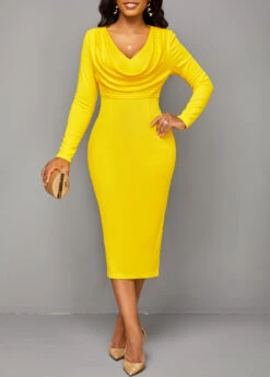 Yellow Split Long Sleeve V Neck Bodycon Dress -Ethereal Swim 317480 P 16687674133043