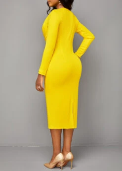 Yellow Split Long Sleeve V Neck Bodycon Dress -Ethereal Swim 317480 P 16687674135001