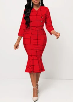Red Plaid Belted Button Mermaid Dress -Ethereal Swim 317798 P 16662612178473