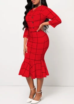 Red Plaid Belted Button Mermaid Dress -Ethereal Swim 317798 P 16662612178492
