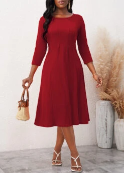 Ethereal Swim 4 Wine Red 3/4 Sleeve Round Neck Dress