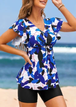 Drawstring Mid Waisted Leaf Print Blue Tankini Top -Ethereal Swim 318840 P 16716246012222