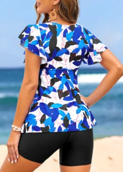 Drawstring Mid Waisted Leaf Print Blue Tankini Top -Ethereal Swim 318840 P 16716246015271