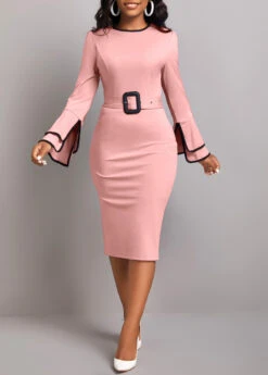 Dusty Pink Belted Long Sleeve Dress