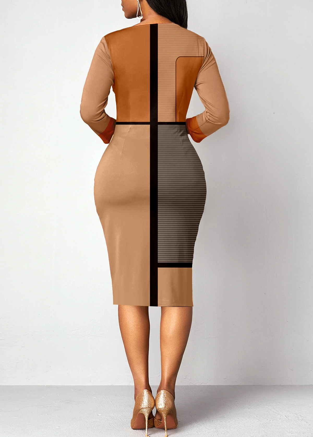 Light Camel Patchwork Geometric Print Bodycon Dress 4 Light Camel Patchwork Geometric Print Bodycon Dress - Image 2