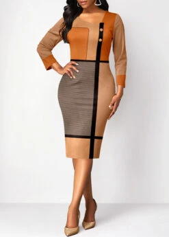 Light Camel Patchwork Geometric Print Bodycon Dress