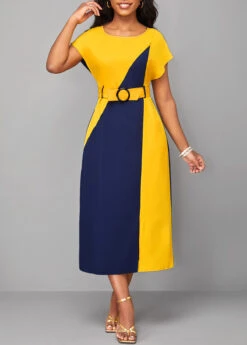 Navy Patchwork H Shape Belted Short Sleeve Dress -Ethereal Swim 319489 P 16753382353803