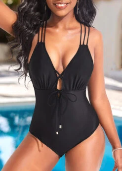 Criss Cross Black Tie Front One Piece Swimwear