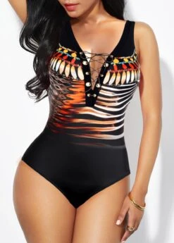 Lace Up Animal Print Black One Piece Swimwear -Ethereal Swim 321599 P 1670401549208