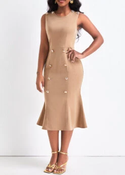 Light Camel Double Breasted Sleeveless Bodycon Dress -Ethereal Swim 321875 P 16762824023844