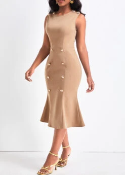 Light Camel Double Breasted Sleeveless Bodycon Dress -Ethereal Swim 321875 P 16762824028272