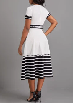 White Patchwork Striped Short Sleeve V Neck Dress -Ethereal Swim 321876 P 16755094493571