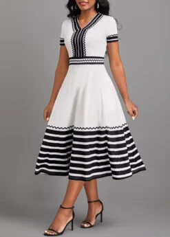 White Patchwork Striped Short Sleeve V Neck Dress -Ethereal Swim 321876 P 16755094498143