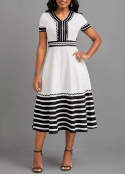 White Patchwork Striped Short Sleeve V Neck Dress -Ethereal Swim 321876 P 16755094499292