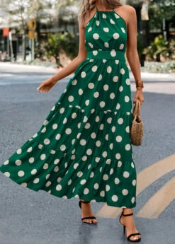 Green Tie Polka Dot Strappy Halter Maxi Dress -Ethereal Swim 322703 P 16756519180975