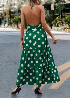 Green Tie Polka Dot Strappy Halter Maxi Dress -Ethereal Swim 322703 P 16756519182041
