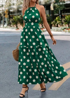 Green Tie Polka Dot Strappy Halter Maxi Dress -Ethereal Swim 322703 P 16756519188212