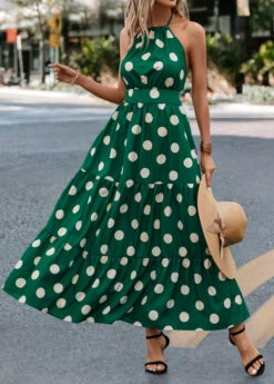 Green Tie Polka Dot Strappy Halter Maxi Dress -Ethereal Swim 322703 P 16756519189403