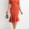 Brick Red Mermaid Belted Short Sleeve Bodycon Dress 1 Brick Red Mermaid Belted Short Sleeve Bodycon Dress -Ethereal Swim 322799 P 16787910893580