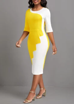 Yellow Patchwork Half Sleeve Round Neck Bodycon Dress 8 Yellow Patchwork Half Sleeve Round Neck Bodycon Dress -Ethereal Swim 323071 P 16760254150192