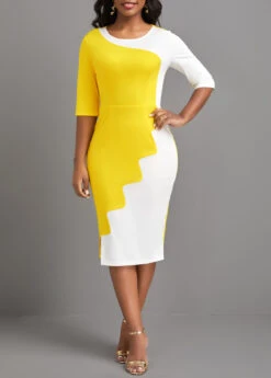 Yellow Patchwork Half Sleeve Round Neck Bodycon Dress 9 Yellow Patchwork Half Sleeve Round Neck Bodycon Dress -Ethereal Swim 323071 P 16760254156093