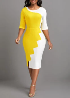 Ethereal Swim 14 Yellow Patchwork Half Sleeve Round Neck Bodycon Dress