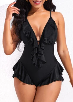 Ruffle Black Tie Back One Piece Swimwear -Ethereal Swim 324776 P 16838870490783