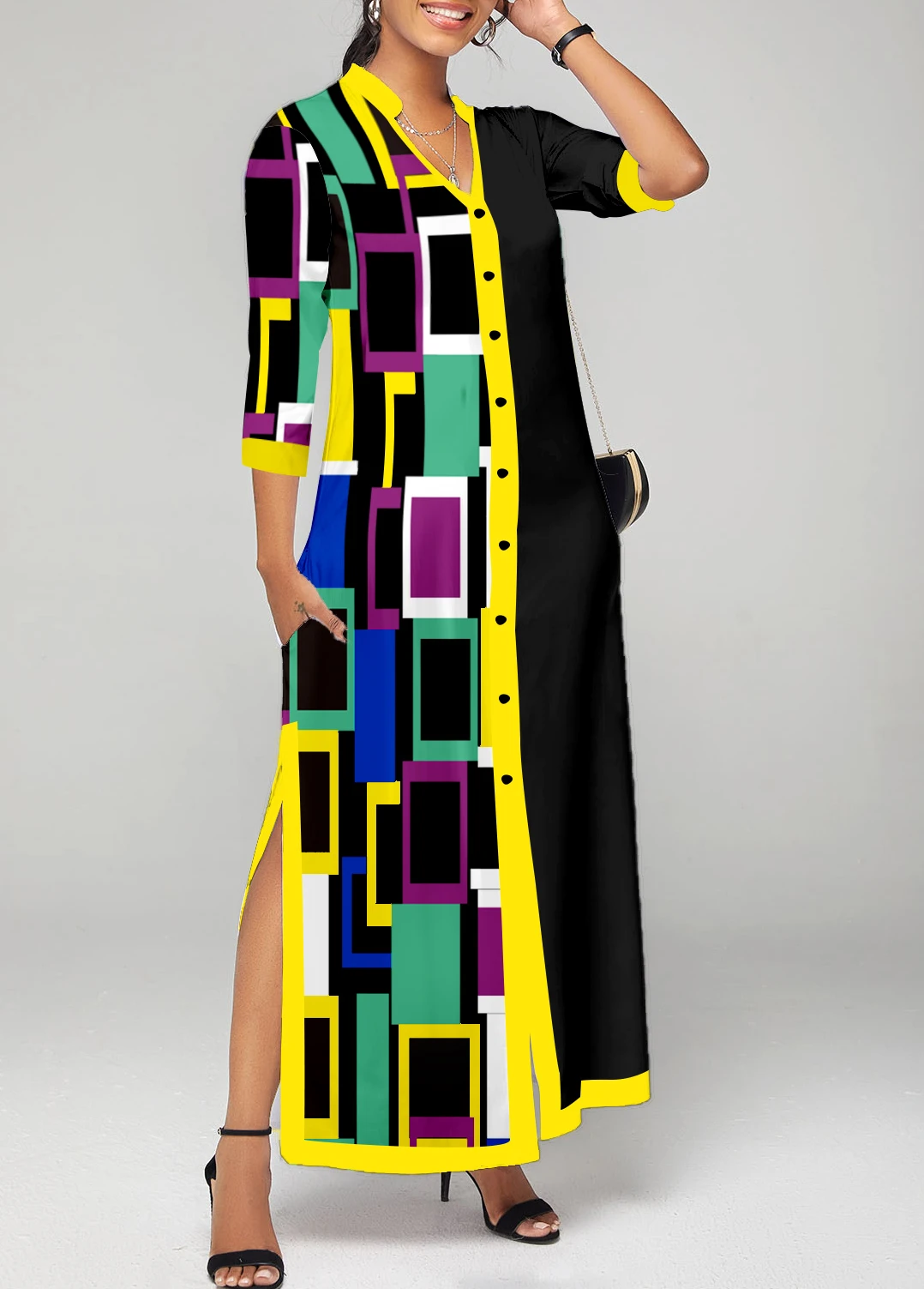 Black Contrast Binding Geometric Print Maxi Dress 5 Black Contrast Binding Geometric Print Maxi Dress - Image 3