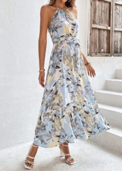 Light Blue Bowknot Floral Print Belted Strappy Dress -Ethereal Swim 326102 P 16780773510482