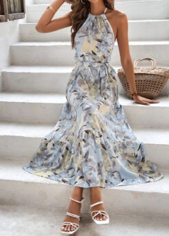 Light Blue Bowknot Floral Print Belted Strappy Dress -Ethereal Swim 326102 P 16780773511923