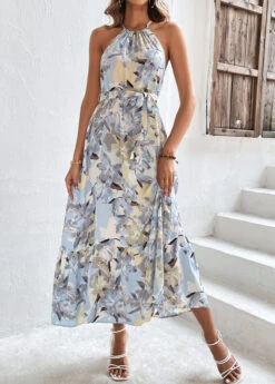 Light Blue Bowknot Floral Print Belted Strappy Dress -Ethereal Swim 326102 P 16780773513684