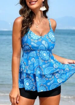 Layered Mid Waisted Paisley Print Blue Tankini Set -Ethereal Swim 326882 P 16796501724134