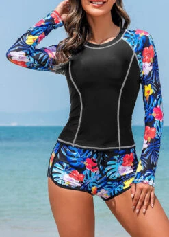 Tie Mid Waisted Tropical Plants Print Tankini Set -Ethereal Swim 326885 P 16798827531774