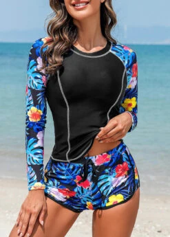 Tie Mid Waisted Tropical Plants Print Tankini Set -Ethereal Swim 326885 P 16798827538955