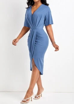 Dusty Blue Ruched High Low Bodycon Dress -Ethereal Swim 326966 P 16798858795072