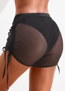 High Waisted Black Drawstring Beach Shorts