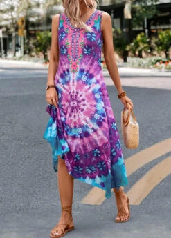 Purple Handkerchief Hem Tie Dye Print Dress -Ethereal Swim 327585 P 16796207022675