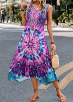 Purple Handkerchief Hem Tie Dye Print Dress -Ethereal Swim 327585 P 16796207023893