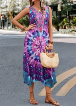 Purple Handkerchief Hem Tie Dye Print Dress -Ethereal Swim 327585 P 16796207028494