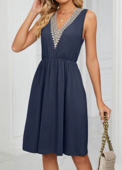 Navy Patchwork Short Sleeveless V Neck Dress 10 Navy Patchwork Short Sleeveless V Neck Dress -Ethereal Swim 328396 P 1677833169416