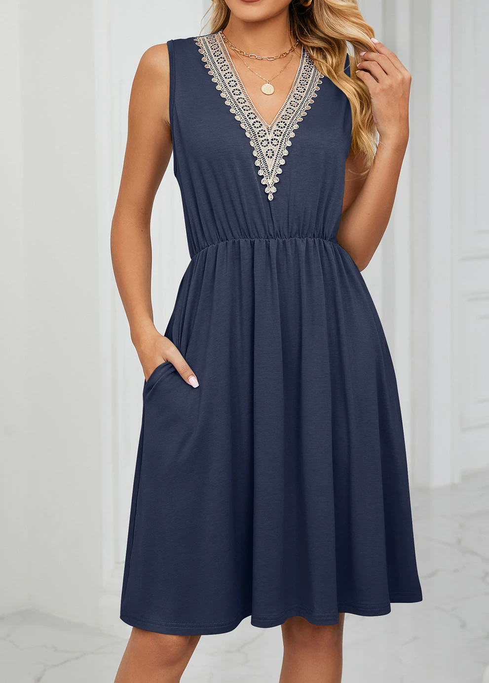 Navy Patchwork Short Sleeveless V Neck Dress 3 Navy Patchwork Short Sleeveless V Neck Dress