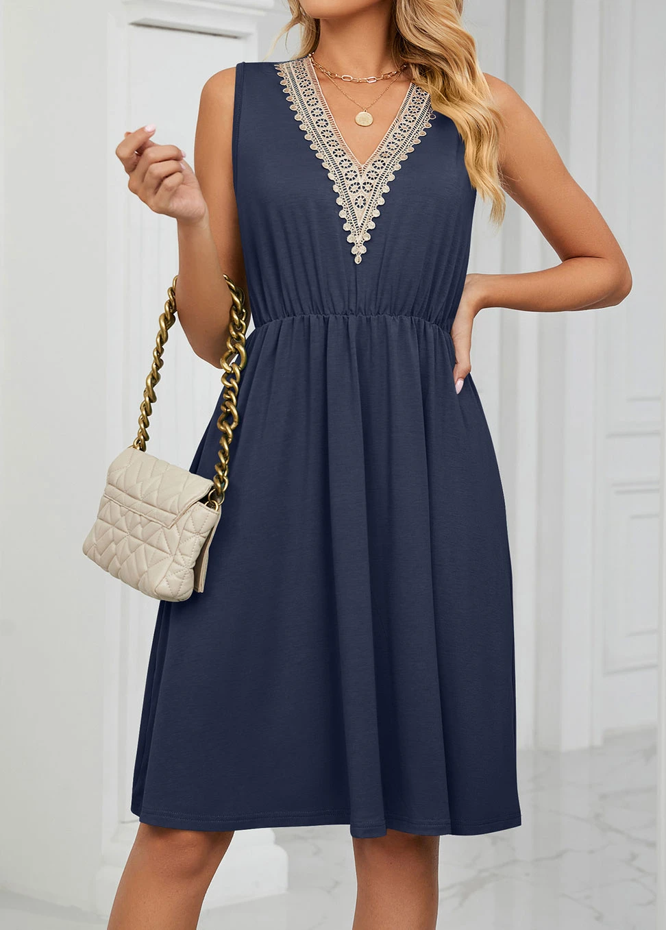 Navy Patchwork Short Sleeveless V Neck Dress 7 Navy Patchwork Short Sleeveless V Neck Dress - Image 5