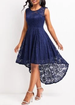 Navy Lace High Low Sleeveless Scoop Neck Dress -Ethereal Swim 328734 P 16790469361242