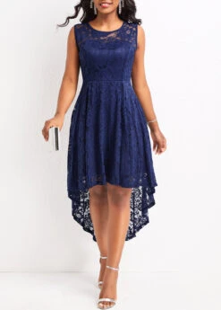 Navy Lace High Low Sleeveless Scoop Neck Dress -Ethereal Swim 328734 P 16790469365293