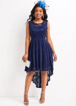 Navy Lace High Low Sleeveless Scoop Neck Dress -Ethereal Swim 328734 P 16790469366194