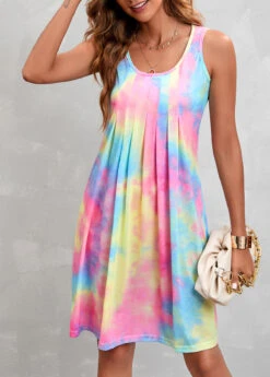 Multi Color Pleated Ombre A Line Dress